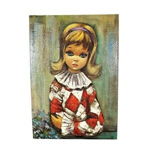VTG 60s "Pierette" Lithograph Big Eyed Girl Harlequin Girl Textured Litho Print